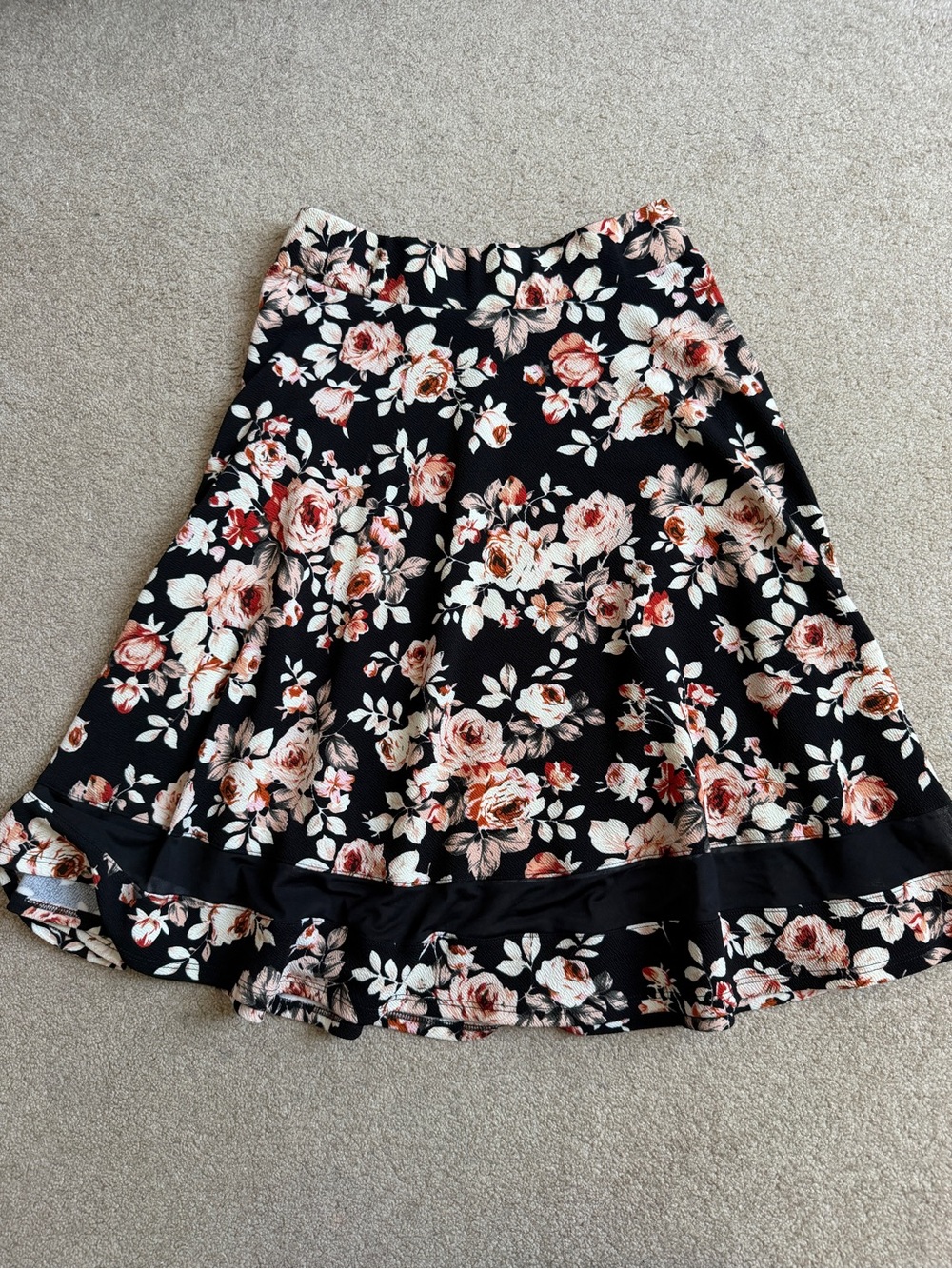 Faith & Joy Los Angeles Floral A-Line Skirt Womens M Black Rose Stretch Midi